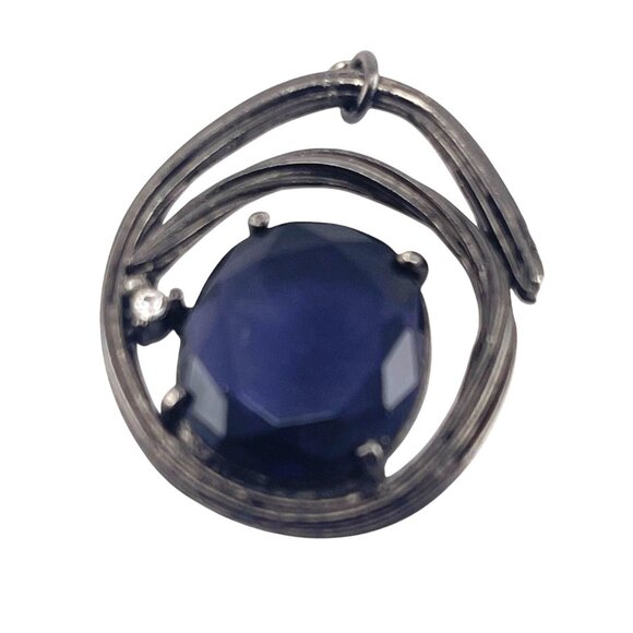 Gerard Yosca Signed Designer Circle Pendant With Blue Faceted Stone Swirl Design - Picture 3 of 9